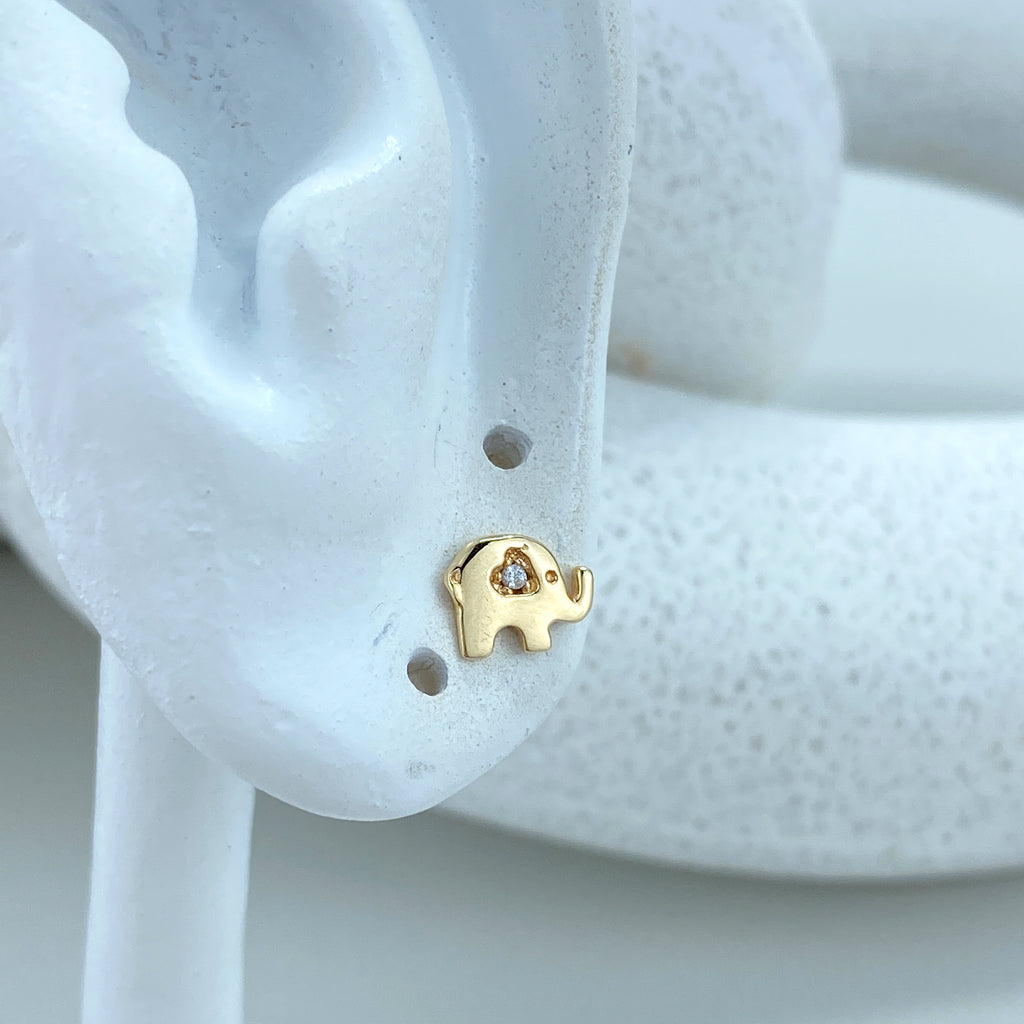 14k Solid Gold Elephant Stud Earrings, 14k Solid Yellow Gold Elephant Stud featuring CZ