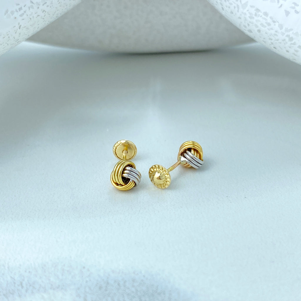 14k Solid Gold Two Tone Knot Stud Earrings, 14k Solid Yellow and Silver Gold Stud Earrings