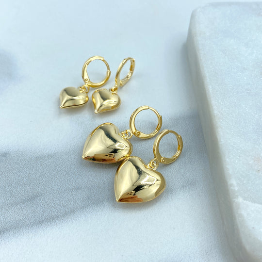 18k Gold Filled 3D Puffed Dangle Heart Charm Huggie Earrings, Small or Medium Size, Hollow and Lightweight Earrings