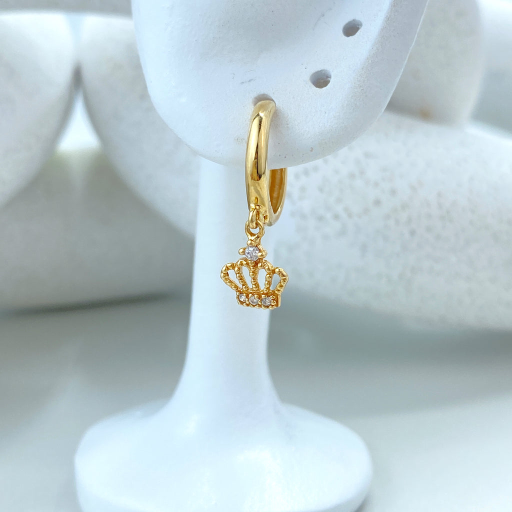 14k Solid Gold Huggie Earrings with Dangle Cutout Crown Charm featuring CZ, 14k Solid Yellow Gold CZ King Queen Crown Huggie