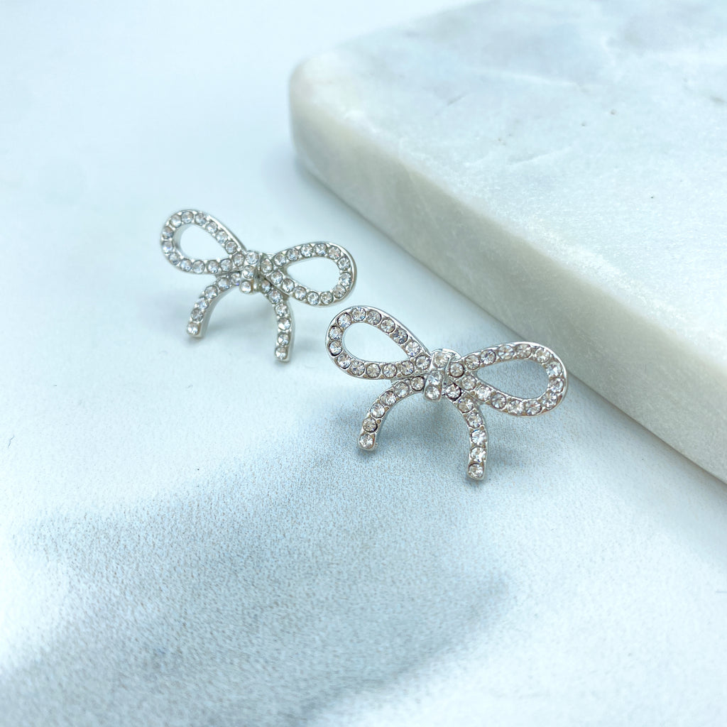 Silver Filled Ribbon Bow Stud Earrings or Necklace featuring Clear Cubic Zirconia Set