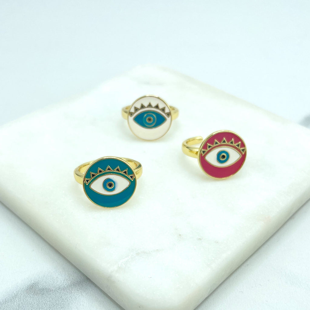 18k Gold Filled Colored Enamel Evil Eye Front Adjustable Ring, White, Pink or Teal