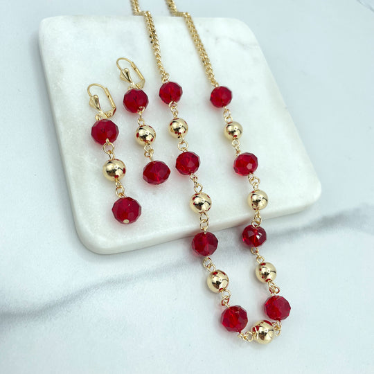 18k Gold Filled Gold Beads & Red Beads Linked Necklace and Earrings Affordable Set