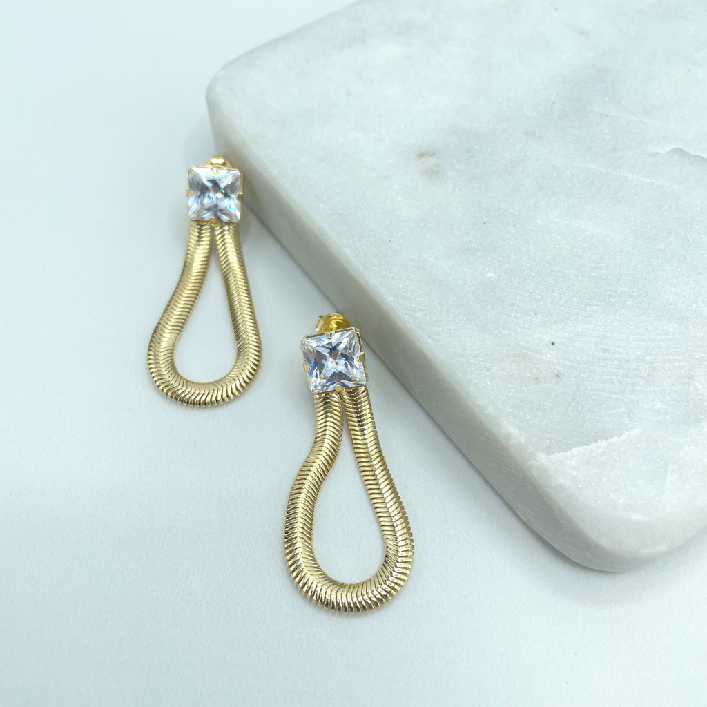 18k Gold Filled Teardrop Shape Earrings with Square CZ on Top and Snake Chain Tear Shape