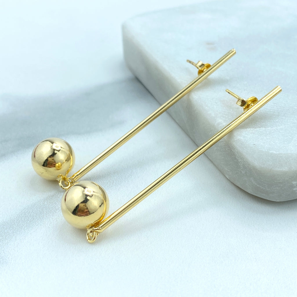 18K Gold Filled Stick & Drop Earrings, Gold Ball Dangle Earrings, Stick and Ball Drop Earrings