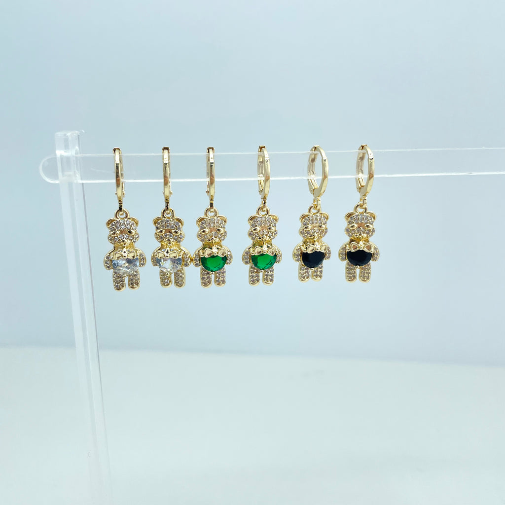 18k Gold Filled Micro CZ Teddy Bear Necklace & Huggie Earrings Set