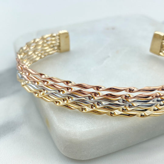 18k Gold Filled Tri Tone Twisted Cuff Bracelet, Tri Tone Stackable Simulated Bracelet, 14mm "Stackable" Cuff Bracelet