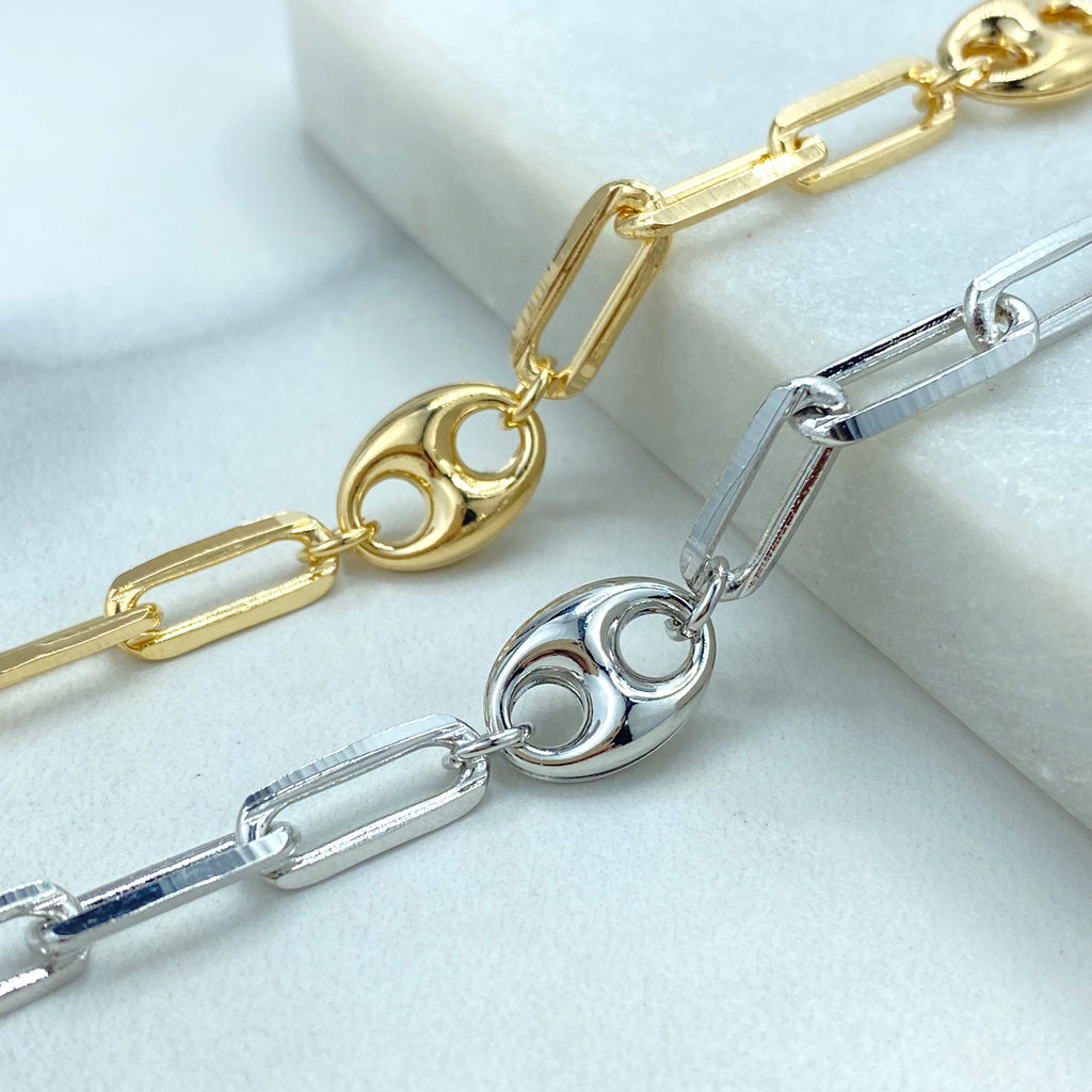 18k Gold Filled or Silver Filled 9mm Puff Mariner Link with 5mm Paperclip Link Bracelet.