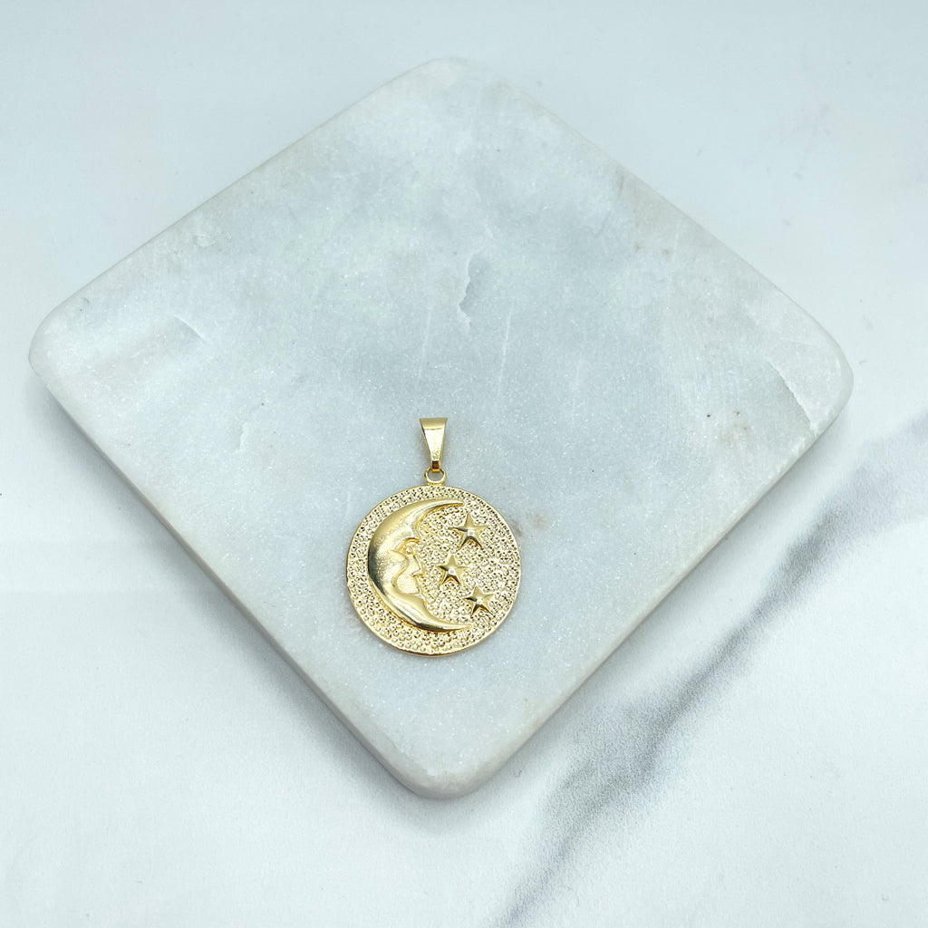18k Gold Filled Half Moon with Face and Stars Texturized Medal, Medallion Pendant