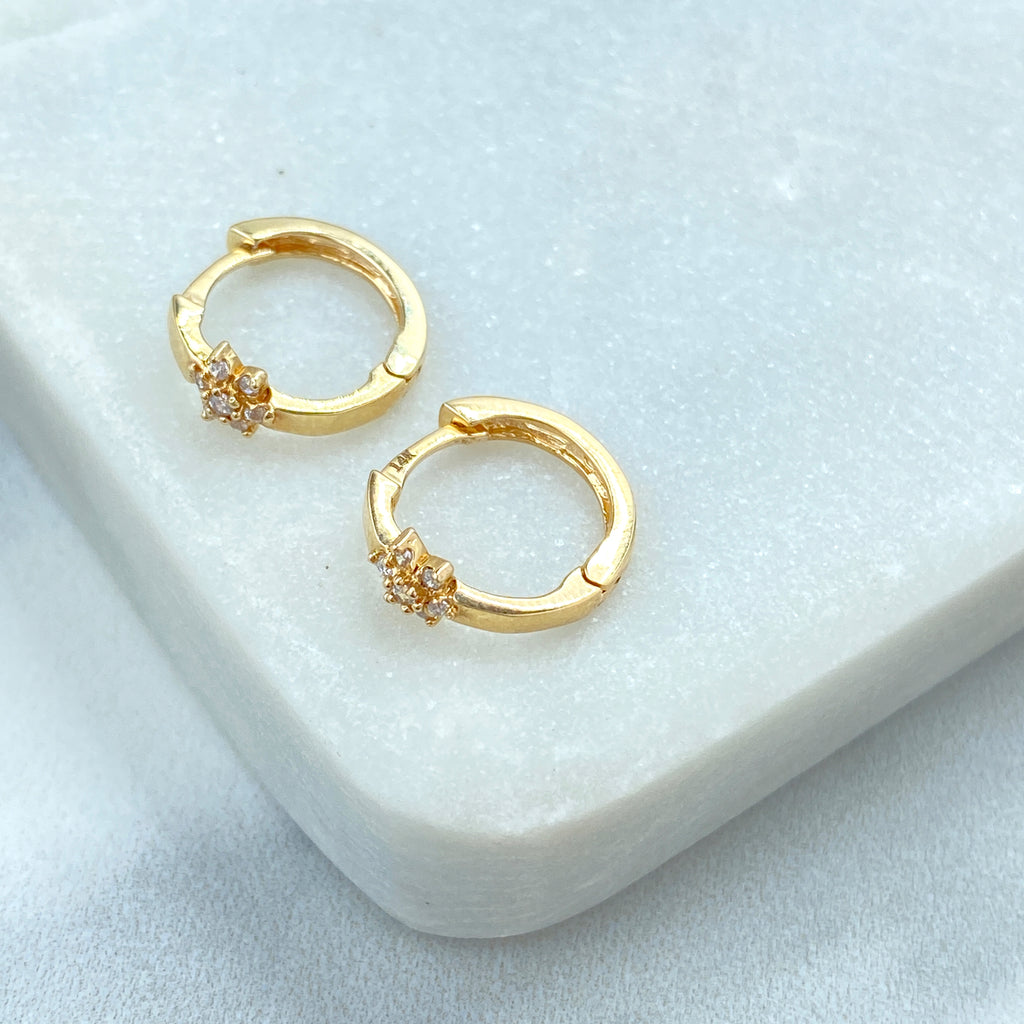 14k Solid Gold Huggie Earrings with Flower Charm featuring CZ, 14k Solid Yellow Gold CZ Flower Huggie Earrings