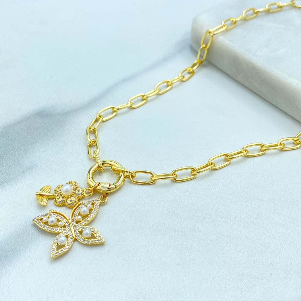 18k Gold Filled Necklace, Paperclip Chain with CZ & Pearl Flower Butterfly Charms Necklace, 16" + Extender