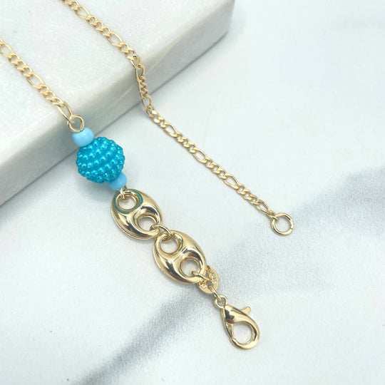 18k Gold Filled Anklet,Figaro Chain Link with Turquoise Bead and Puffed Mariner Link Charms
