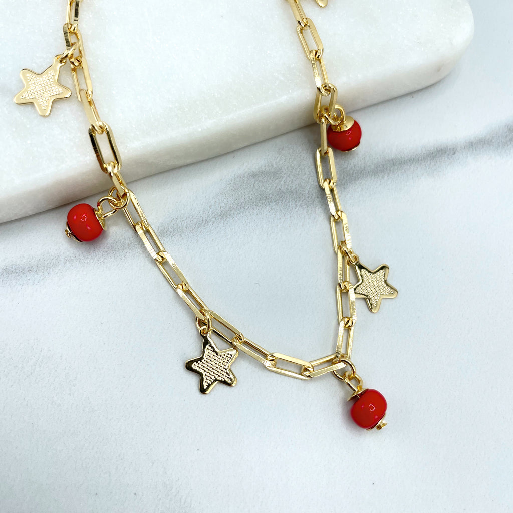 18k Gold Filled 3mm Paperclip Link Chain with Dangle Stars & Red Beads Charms Anklet