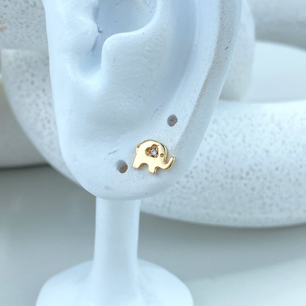 14k Solid Gold Elephant Stud Earrings, 14k Solid Yellow Gold Elephant Stud featuring CZ