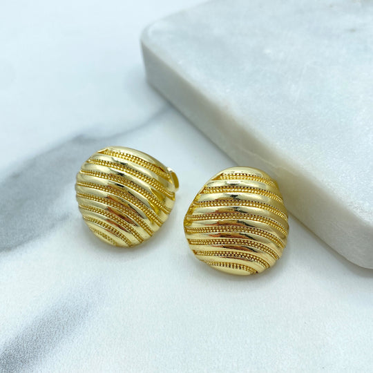 18k Gold Filled Textured Lined Chunky Earrings, Minimalist Stud Earrings, Irregular Shell-Shaped Earrings Line Texture