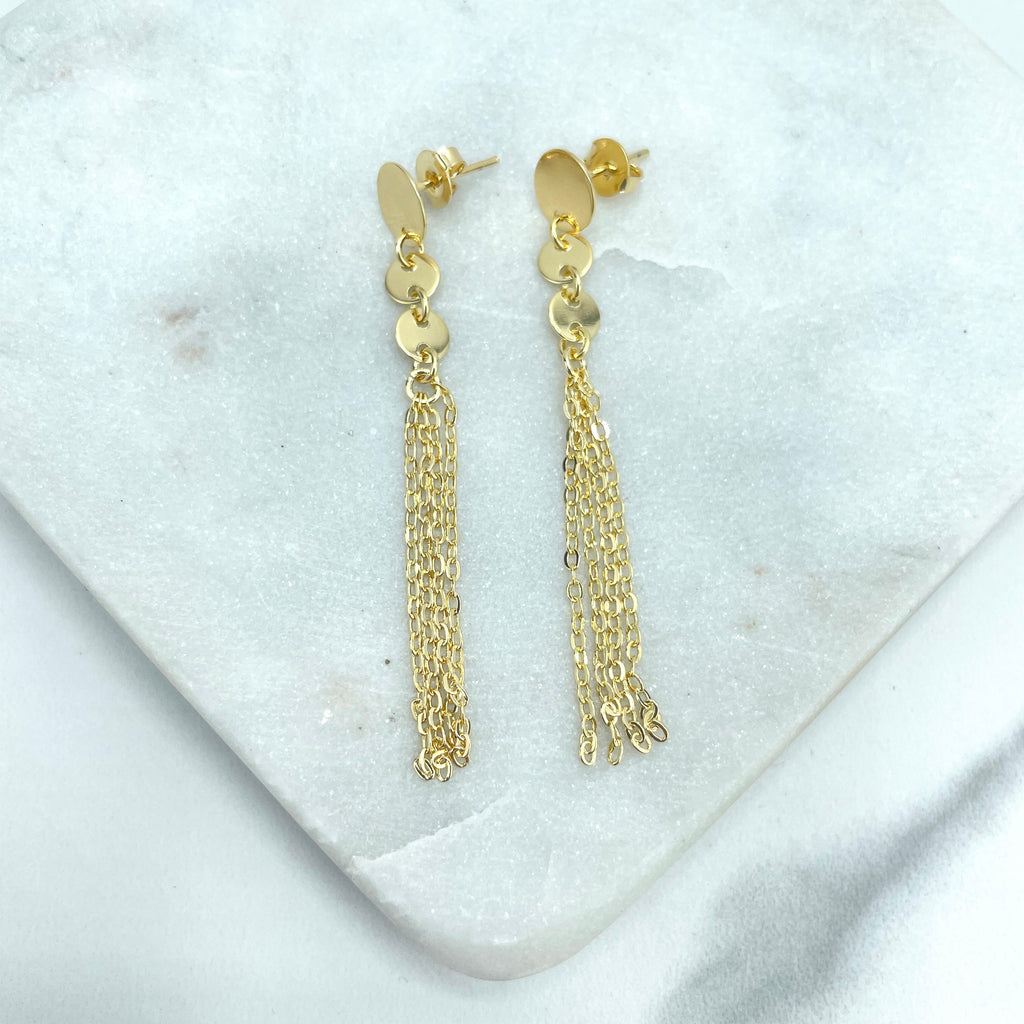 18k Gold Filled Tassel Earrings with Rolo Link Chain and Polished Flat Circles on Top