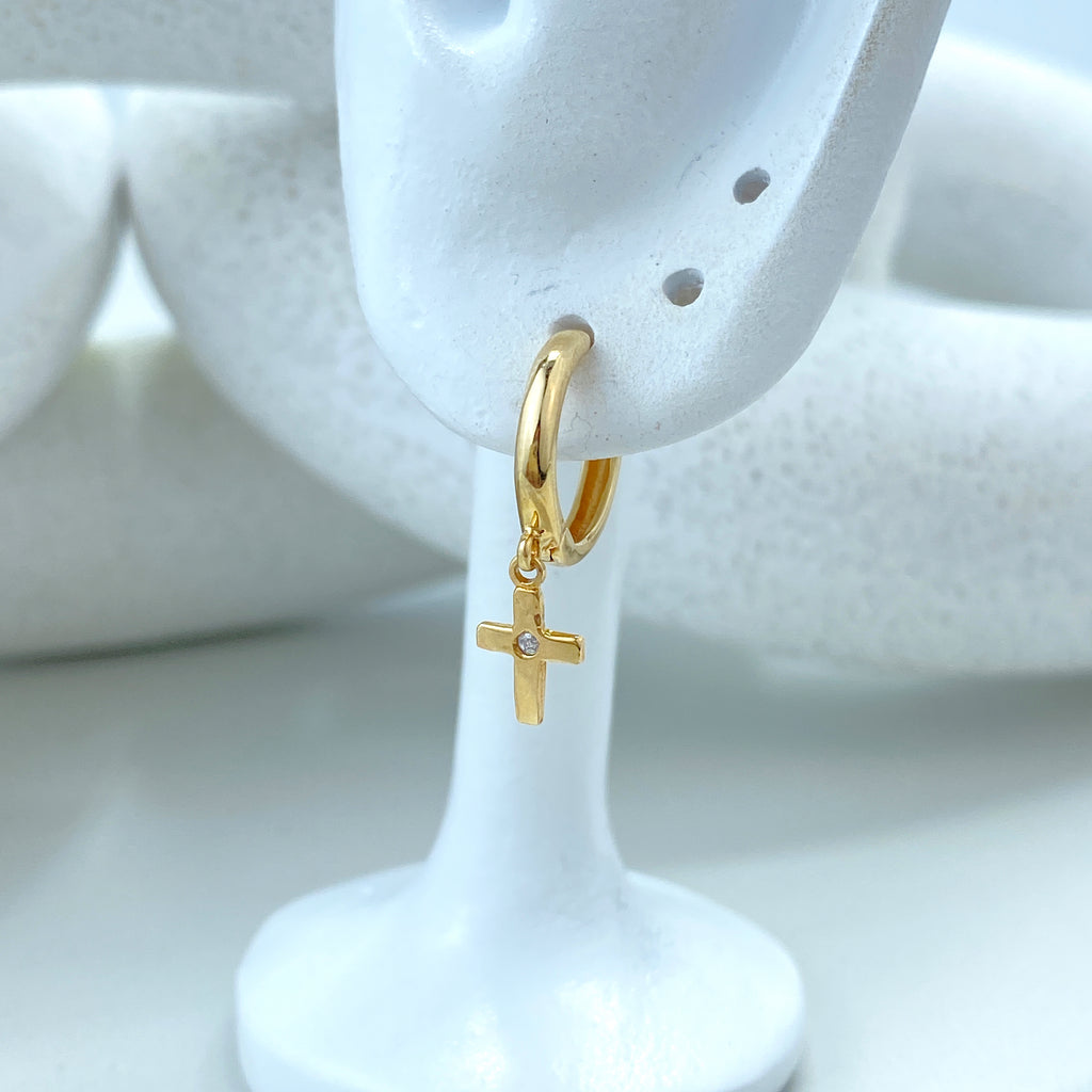 14k Solid Gold Huggie Earrings with Dangle Cross Charm featuring Cubic Zirconia, 14k Solid Yellow Gold CZ Cross Huggie Earrings