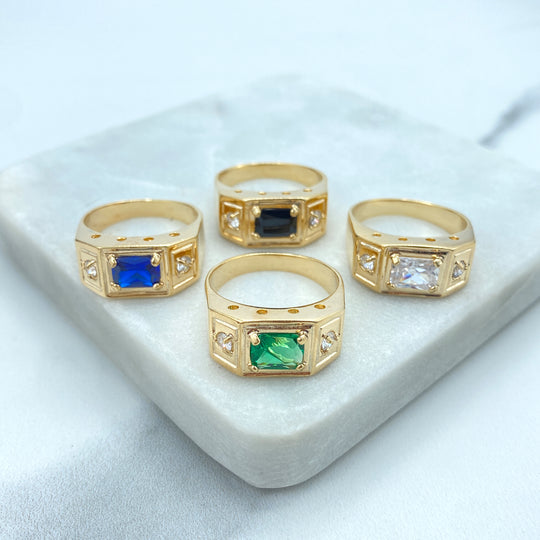 18k Gold Filled Men's Color CZ Ring, Square Center Stone Ring, Blue, Green, Clear, Black Men's Solitaire Ring