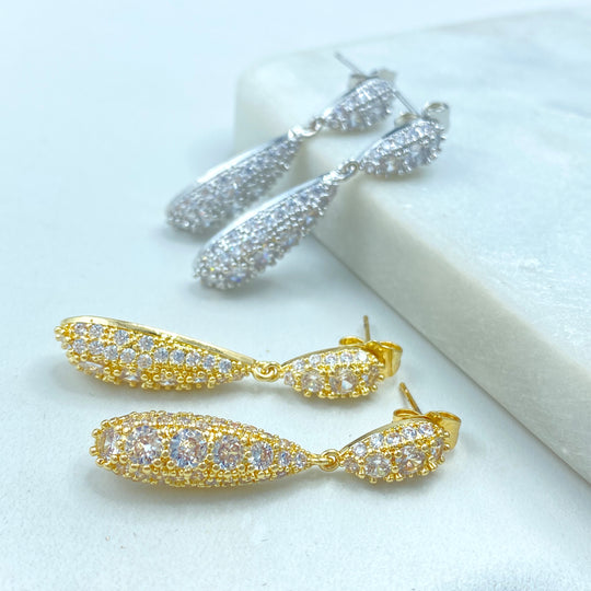 18k Gold Filled or Silver Filled, Double Tear Shape Drop and Dangle Earrings with Micro Pave CZ