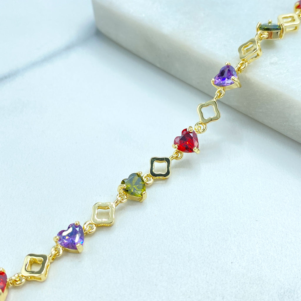 18k Gold Filled Bracelet, Multicolor CZ Heart and Clover Link Design, Linked CZ Bracelet Dainty Romantic Jewelry