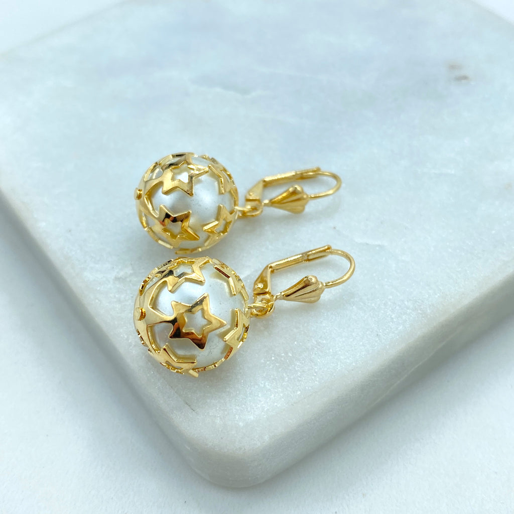 18k Gold Filled Simulated Pearl with Cutout Star Details, Dangle and Drop Earrings, Timeless Earrings