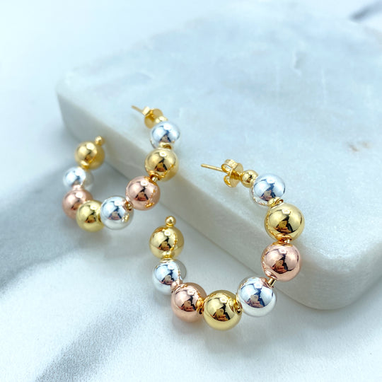18k Gold Filled 35mm Three Tone Balls Hoop Earrings, Tri-Color Gold, Silver and Rose Gold Hoop, C-Hoop Earrings