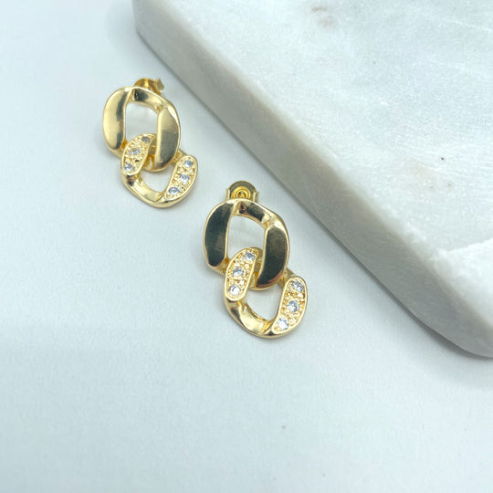 18k Gold Filled Drop Stud Earrings Featuring Micro Pave Cubic Zirconia, Curb Link Style