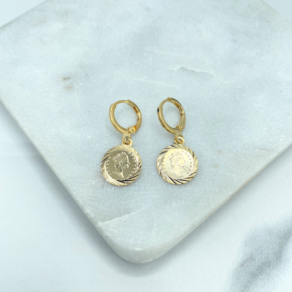18k Gold Filled "The Second Queen Elizabeth" Coin Huggie Earrings, Woman Crown Earrings