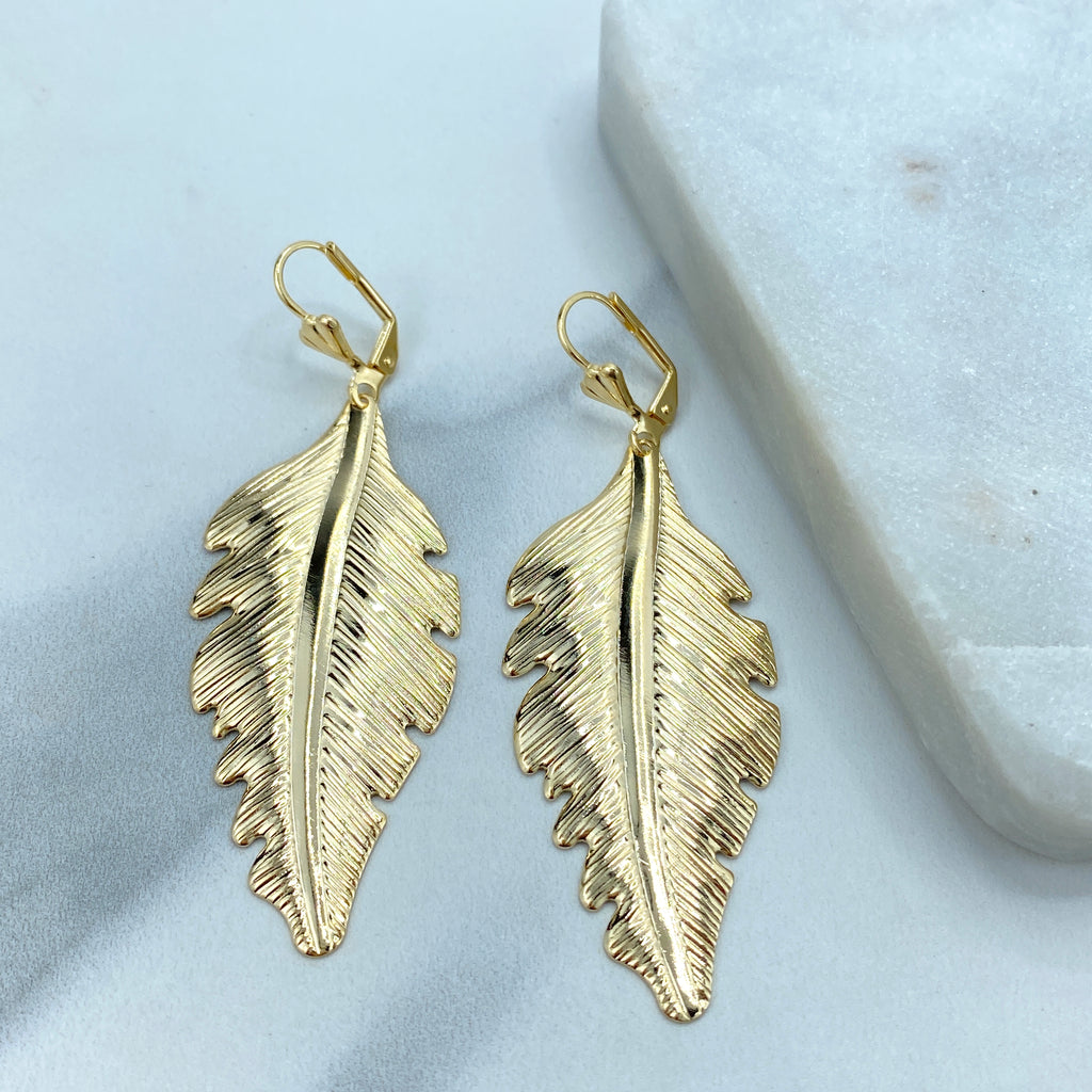 18K Gold Filled Textured Feather Leaf Drop Dangle Earrings, Dangly Boho Leaf and Feather Drop Earrings, Dangling Nature