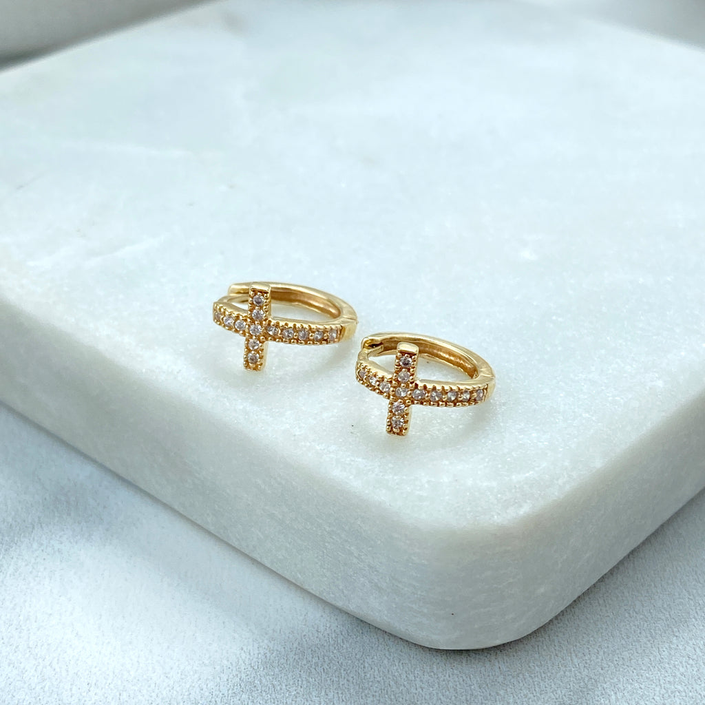 14k Solid Gold Huggies Cross Earrings featuring Clear CZ, 14k Solid Yellow Gold CZ Cross Huggie Earrings