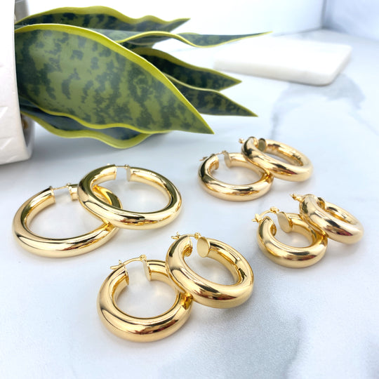18k Gold Filled Donut Tubular Classic Hoop Earrings Hinged Closure Hoops 25mm, 30mm, 35mm or 45mm