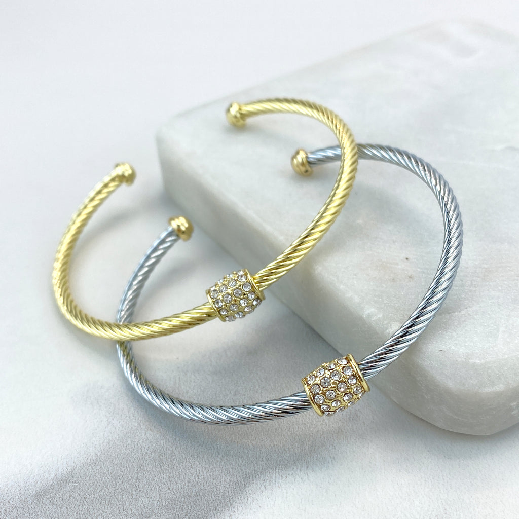 18k Gold Filled or Silver Filled Cable Cuff Bracelets with Charm featuring Micro Pave CZ Adjustable Bracelet