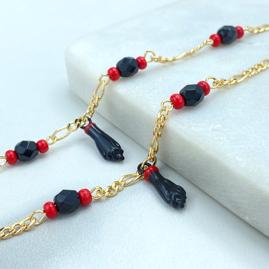 18k Gold Filled Figaro Chain with Azabache Style & Black Figa Hand Bracelet or Anklet, Protection against the Evil Eye