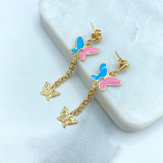 18k Gold Filled Drop & Dandle Earrings, Enamel Blue Pink Butterfly on Top with Drop Chain