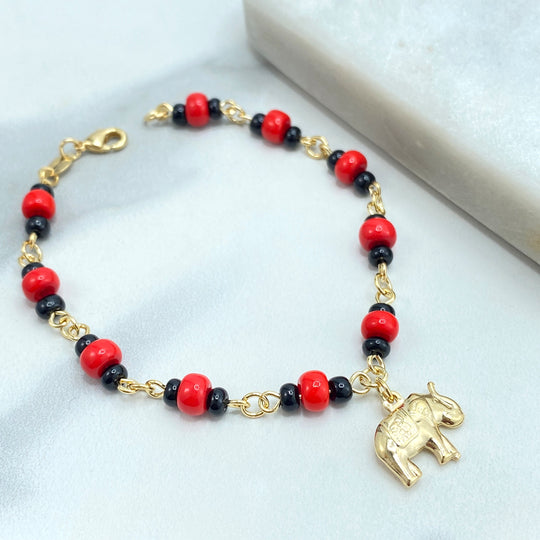 18k Gold Filled Azabache Bracelet with Puffed Elephant Charm, Protection against the Evil Eye Bracelet, Azabache Bracelet