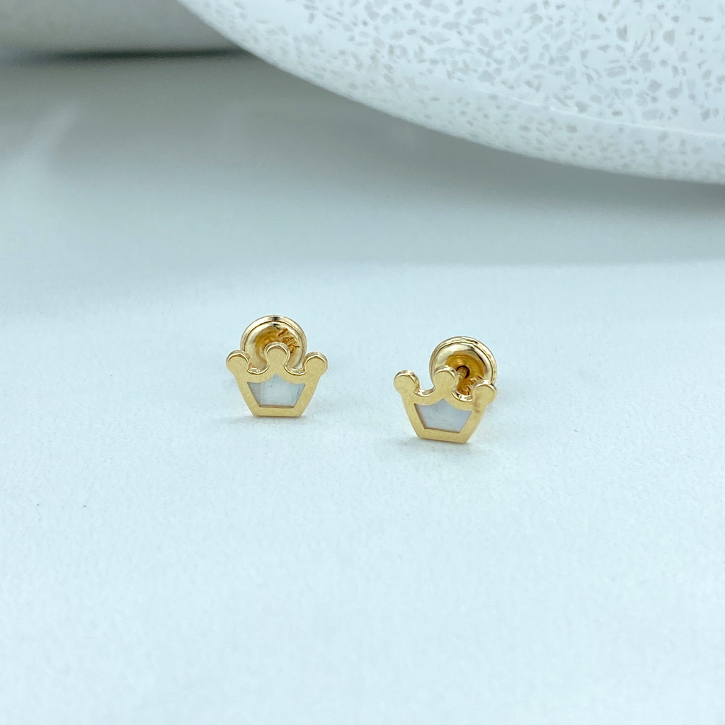 14k Solid Gold Mother of Pearl Crown Stud or Polished Crown Stud Earrings