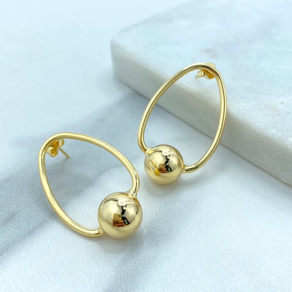 18K Gold Filled Oval Hoop Earrings Style with 12mm Gold Bead, Minimalist Hoop Earrings, Stud Ball Hoop, Fine Jewelry