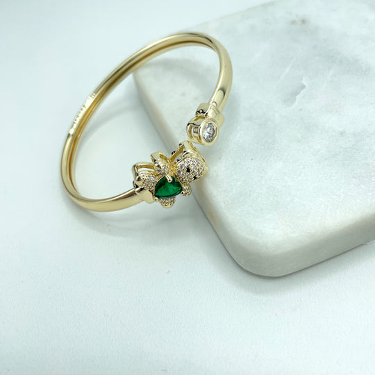 18k Gold Filled Bangle Bracelet Teddy Bear Shape Featuring Micro Pave Cubic Zirconia