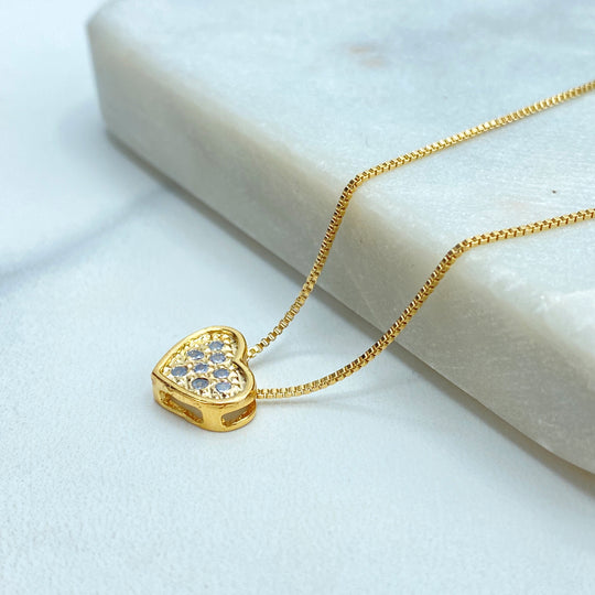 18k Gold Filled Heart Shape Charm Necklace featuring Micro CZ, 18 inches Long, CZ Heart Charm Necklace