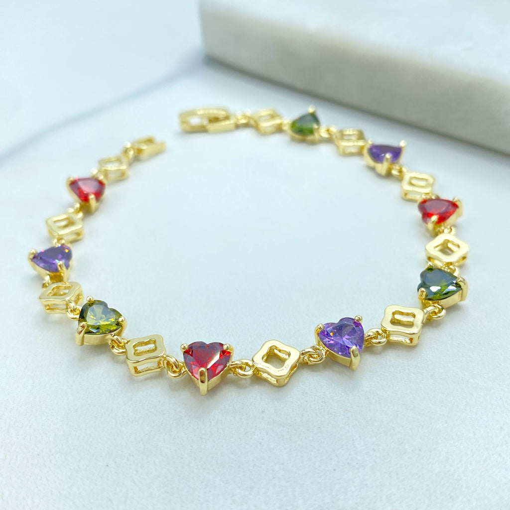 18k Gold Filled Bracelet, Multicolor CZ Heart and Clover Link Design, Linked CZ Bracelet Dainty Romantic Jewelry