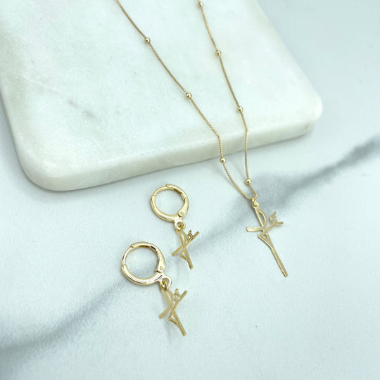 18k Gold Filled Necklace with "Fe" (Faith) Charm or Huggie Earrings with Dangle "Fe" Charm