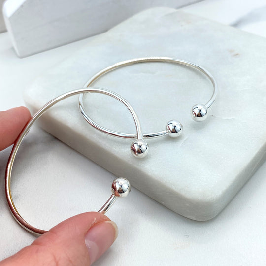 Silver Filled Wrist Cuff Bangle Bracelet with Polished Small Two Balls, Two Balls Open Bangle Bracelet