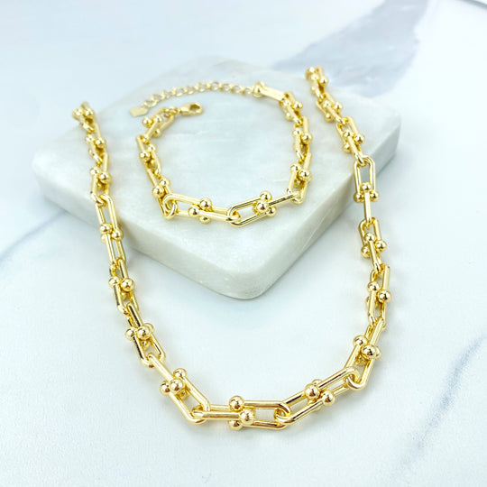 18k Gold Filled 7mm Polished U Shape Link Chain Set, Necklace and Bracelet with Extender