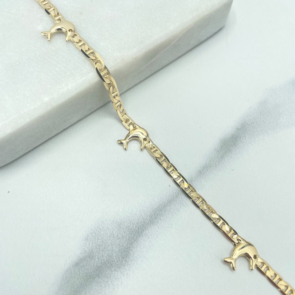 18k Gold Filled 3mm Mariner Link Chain Bracelet featuring Dolphin Charms Linked Bracelet
