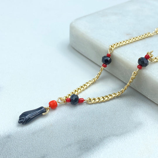 18k Gold Filled Curb Link Chain with Azabache and Black Figa Hand Bracelet, Protection against the Evil Eye & Negative Energy