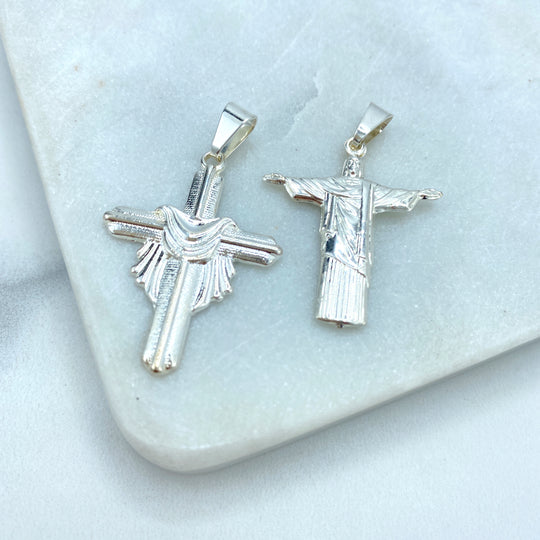 Silver Filled Cross with Shroud Pendant OR Christ Redeemer Statue Jesus Pendant