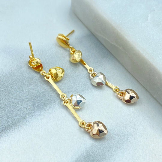 18k Gold Filled Dangle and Drop Earrings with Tri-Tone Hearts, Three-Tone Hearts Earrings, Drop Hearts Earrings