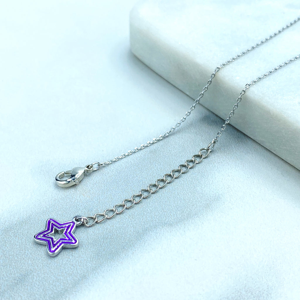 Silver Filled Delicate Necklace with CZ Flower Charm Front, and Purple Enamel Star Extender