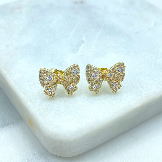 18k Gold Filled 16mm Petite Ribbon Bow Stud Earrings with Micro Pave, CZ, Bow Stud Earrings