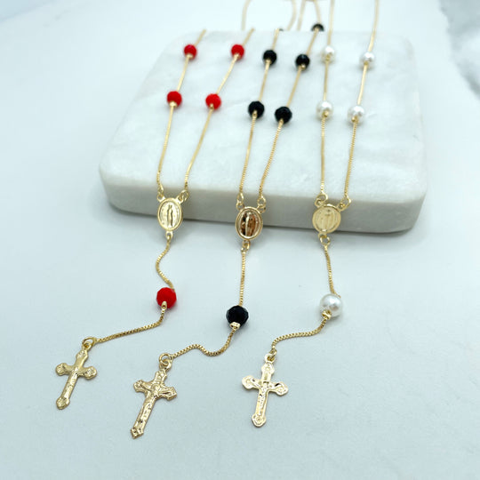 18k Gold Filled Red, Black or Pearls Virgen La Milagrosa Beaded Rosary